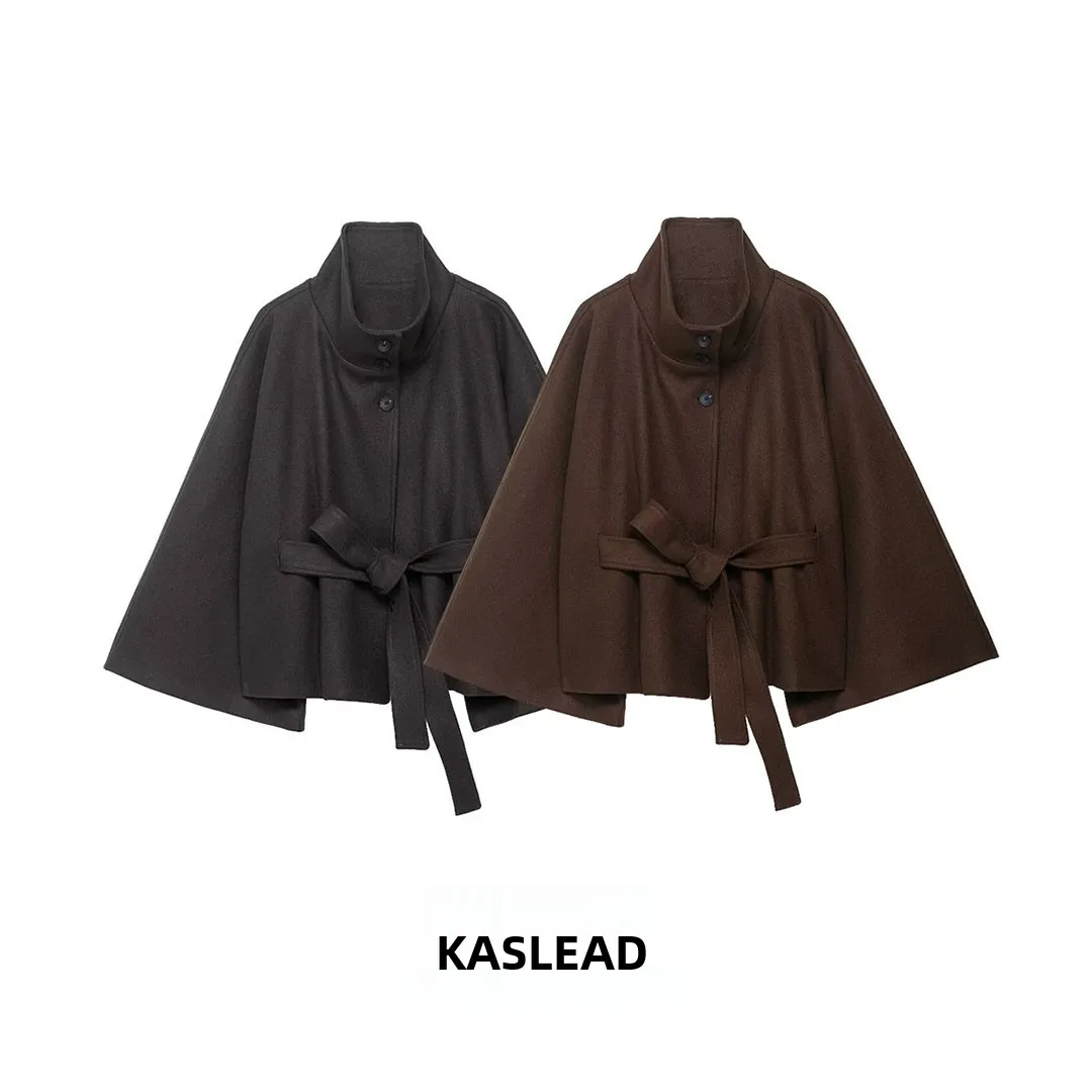 

KASLEAD New Women's Faionable Loose Waist Belted Woolen Coat Sli Versatile Autumn Season Ladies ort Outerwear