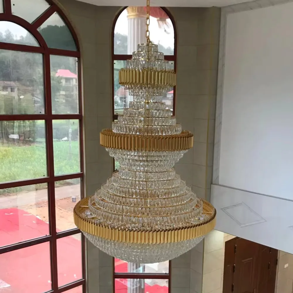 Modern Luxury Black Crystal Staircase Chandelier Large Pendant Light for Villa Lobby Hotel Entrance Lighting