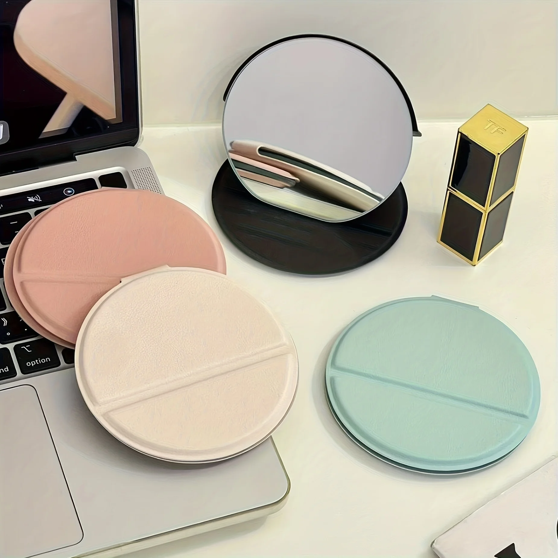 Round Makeup Mirror Leather Folding Mirror Portable Travel Touch Up Makeup Cosmetic Tool Desktop Can Stand Up Mini Mirror Gifts