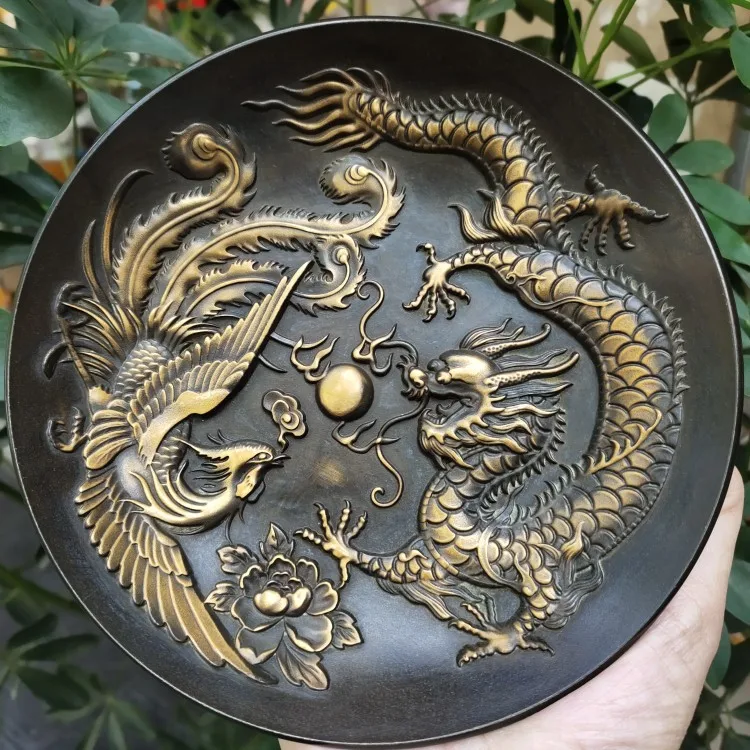 

Antique bronze collection, antique brass, gilt relief, dragon and phoenix plate, pulp, moisturizing home craftsmanship