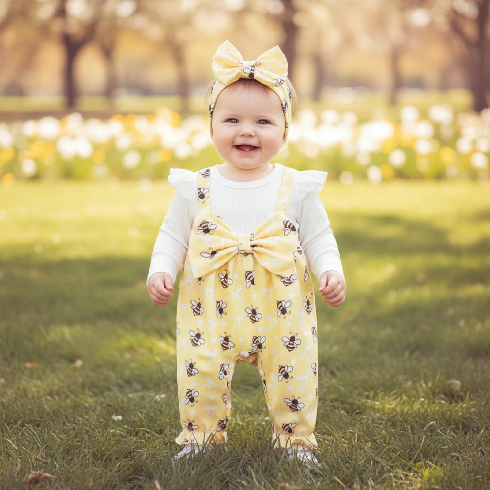 

Baby Christmas Clothing Fall Outfit Girl Fall Long Sleeve Bee Print Jumpsuit with Bowknot Headband Newborn Clothes