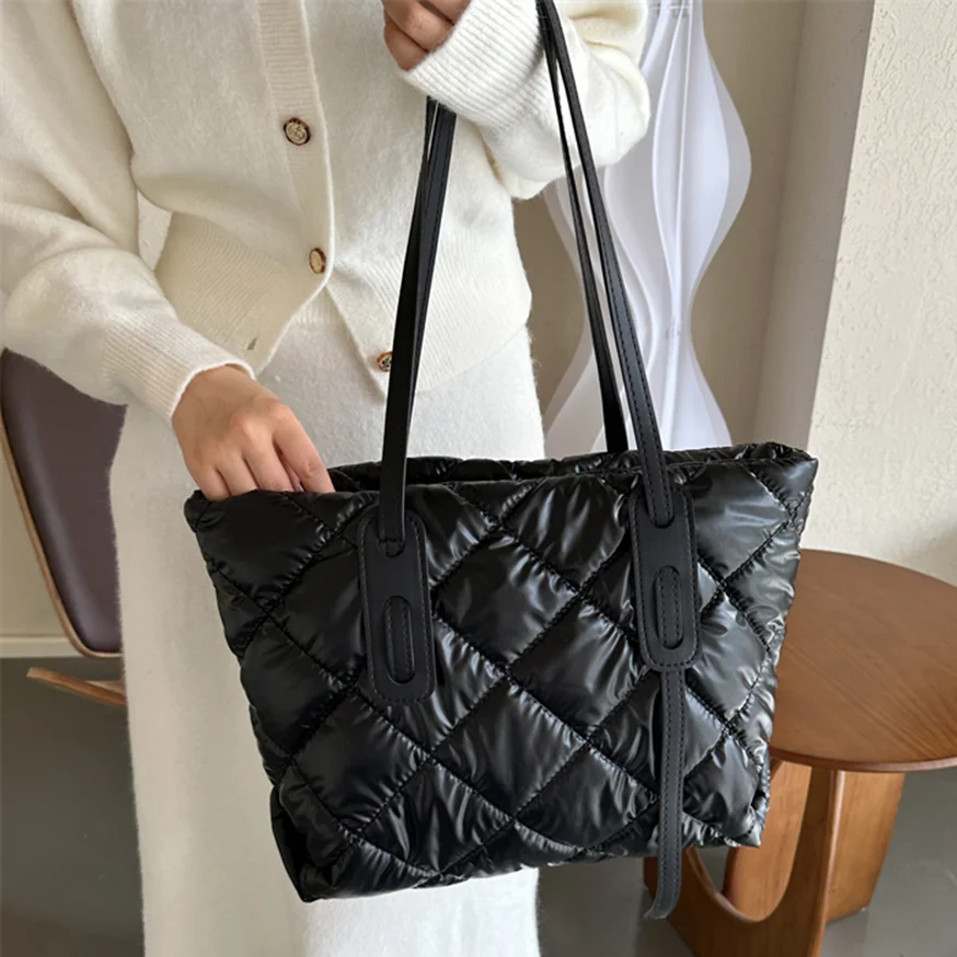 Winter Down Padded Luxury Underarm Bag Quilted Embroidery Thread Tote Bag Women Cotton Handbag Puffer Large Ladies Shoulder Bags