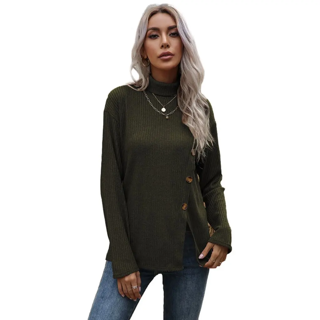 

Women's Long-Sleeved Asymmetrical Turtleneck Pullover Sweater Button Slit Design European American Style Autumn Winter Top