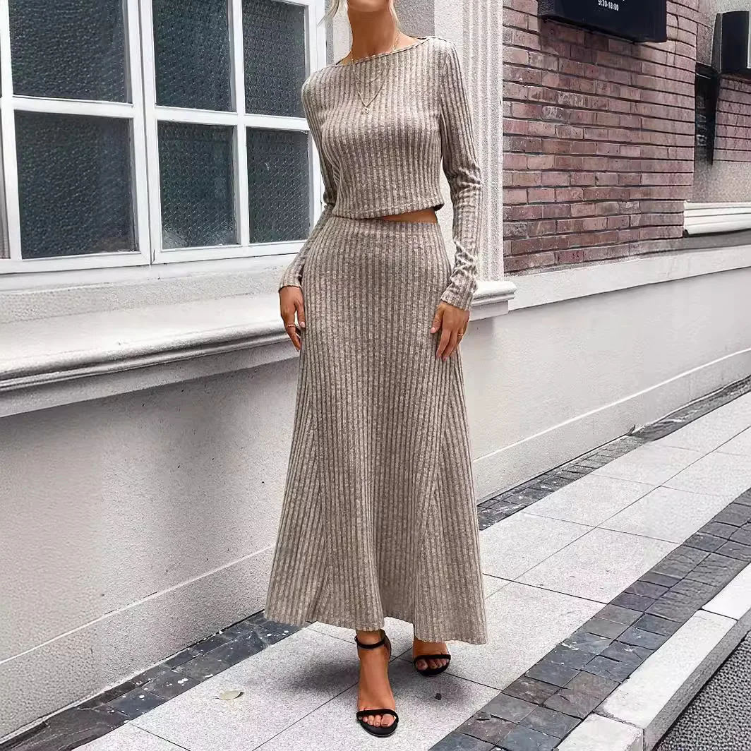 Knit Skirt Sets Women Slim Dress Sets Long Skirts Full Sleeve Tops Matching Sets Spliced Skinny Casual Suits Elegant Lady Autumn