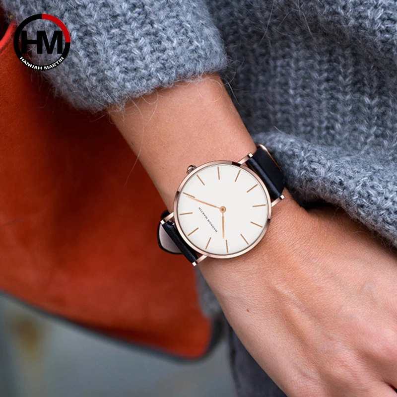 2023 New Women Leather Watch 36mm Fashion Brand Hannah Martin Quartz Waterproof Girls Wristwatch Box Set Clock Relogio Feminino