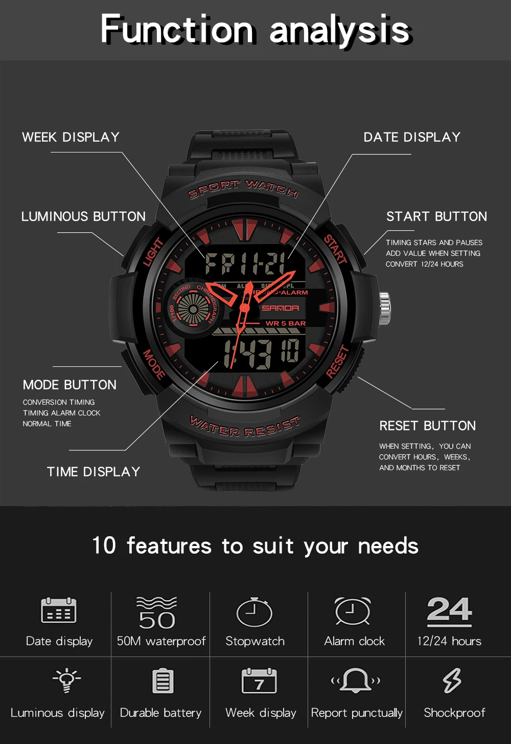 SANDA 6002 Large Men Watches Digital Watch Luminous 5BAR Waterproof Male Sport Watch Quartz Dual Display relogio masculino