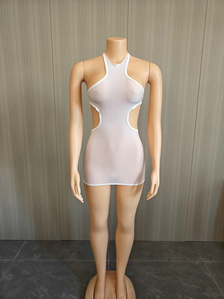Sexy Neckholder-Minikleid aus Mesh für Damen, seitlich ausgeschnitten, durchsichtig, figurbetont, dehnbar, kurzes Kleid für Nachtclubs, Partys und Ausgehzwecke. – Detail 10