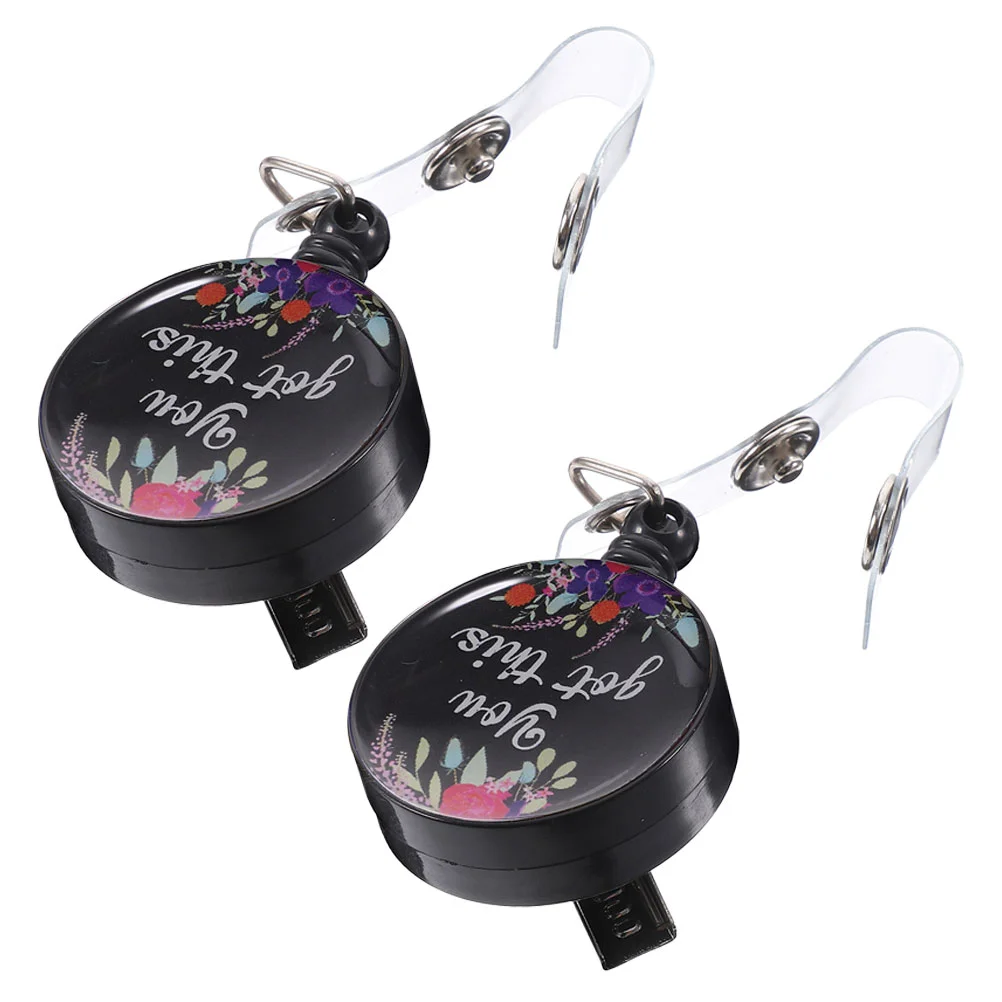 2 Pcs Glue Badge Clip Retractable The Flowers Name Badges with Clips Black Reels for Nurses Id Card Holder Cute