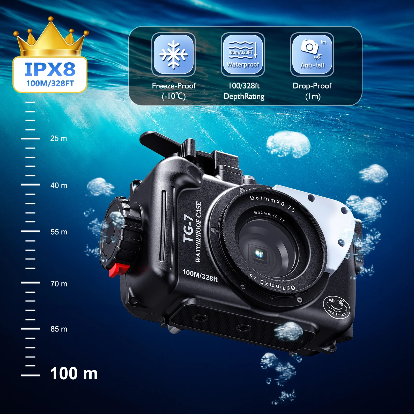 Seafrogs Aluminum Alloy TG-7 Waterproof Camera Case For Olympus TG7 Professional Scuba Diving 100m/328FT Camera Protective Cover