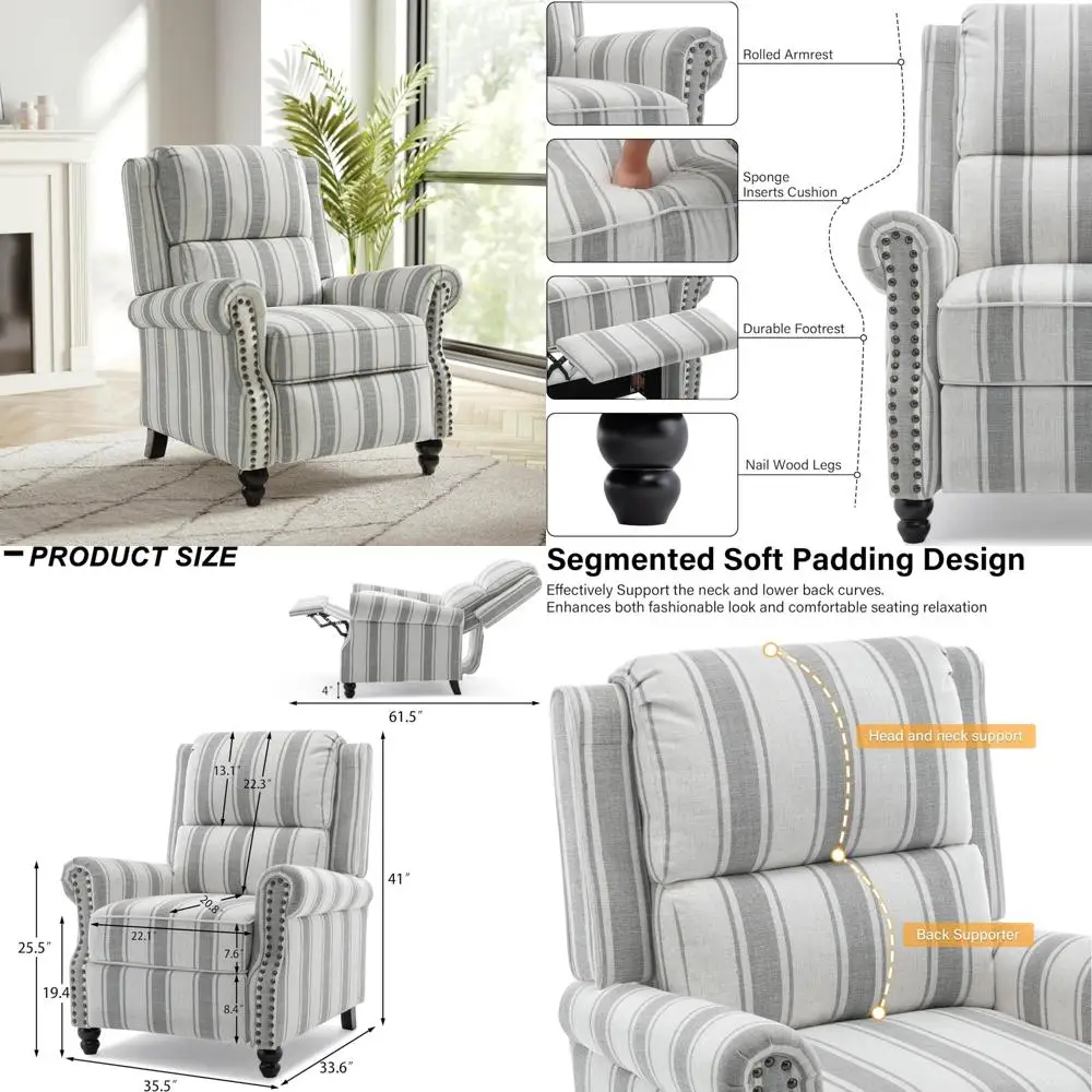 كرسي بذراعين حديث مع مسند ظهر قابل للتعديل ومسند للقدمين للمنزل - نمط شريطي رمادي، مقعد فردي