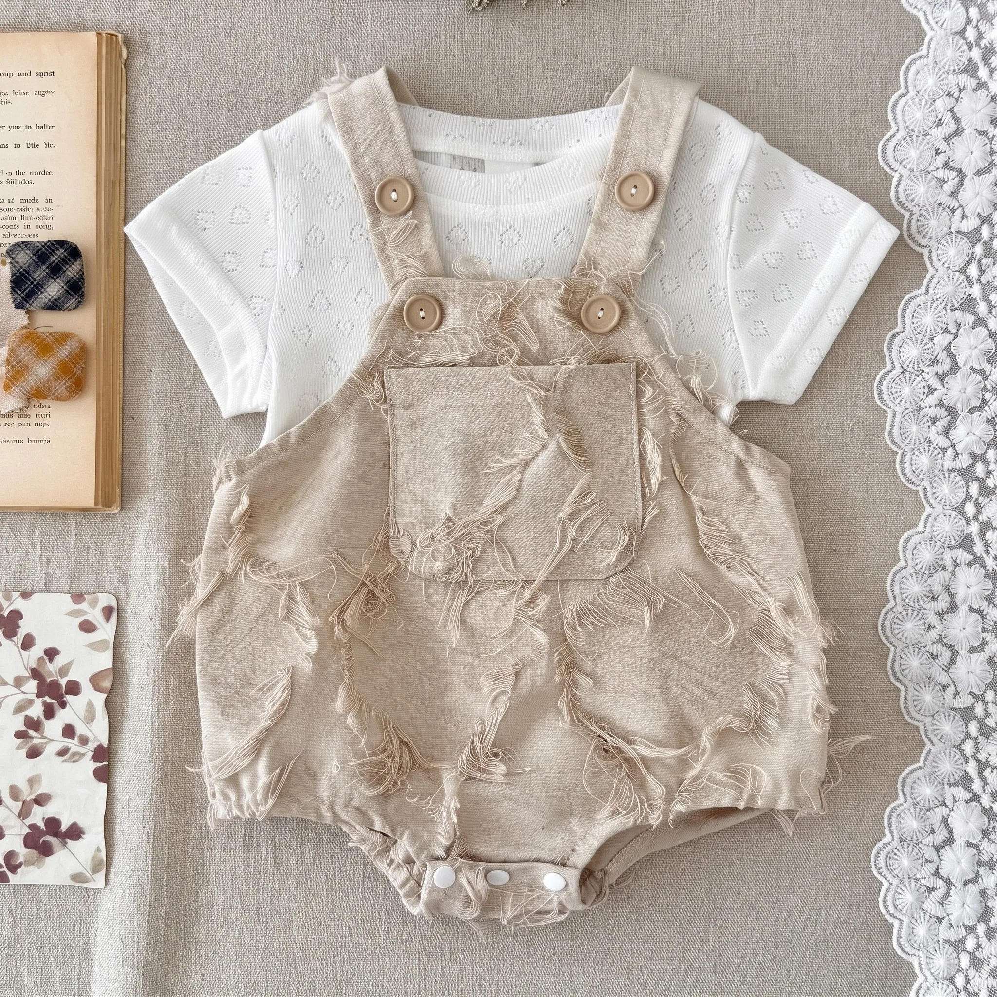 Korean Baby Fringe Frayed Overalls 2Pcs Set, Infant Hollow Short‑Sleeve T‑Shirt + Suspender Romper Outfit