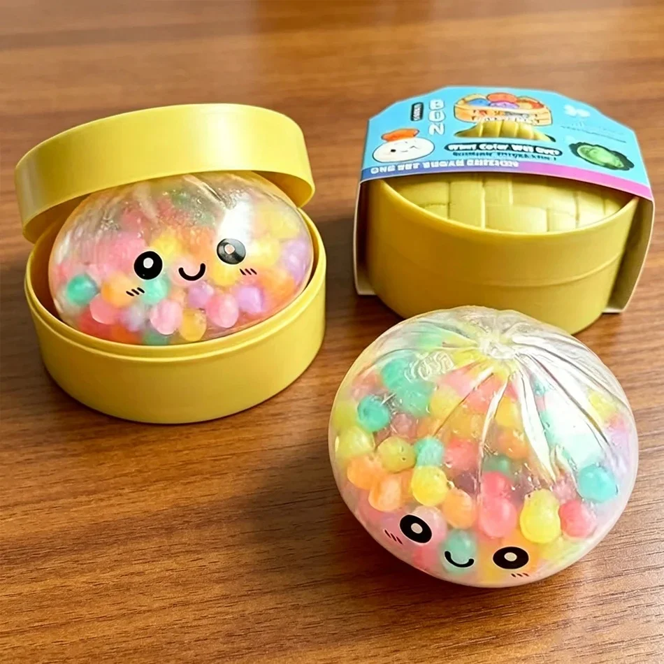 Colorful Rainbow Bead Dumpling Squishy Fidget Toy Sugar Edition Stress Relief Squeeze Toy with Bamboo Steamer Case 114 / 128
