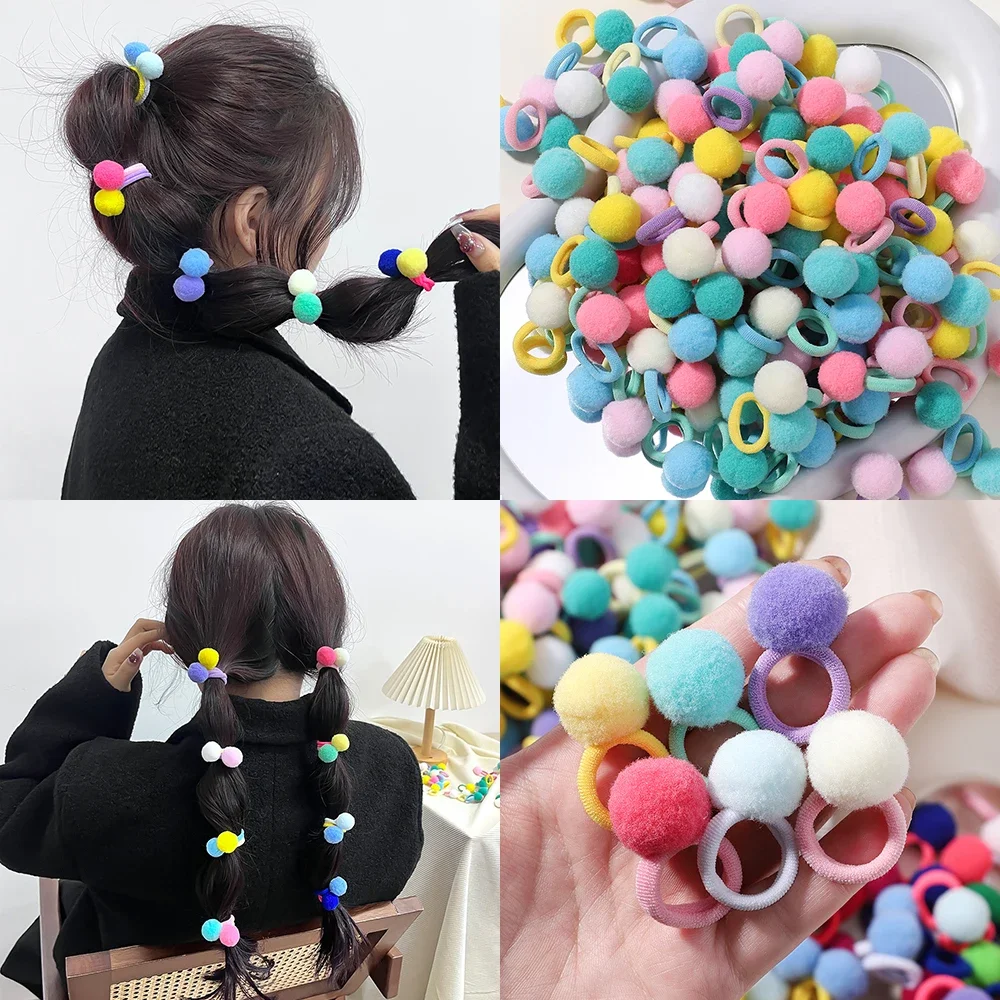 20Pcs Kids Elastic Hair Bands Girls Plush Ball Rubber Band For Children Sweets Scrunchie Hair Ties Clip Baby Hair Accessories