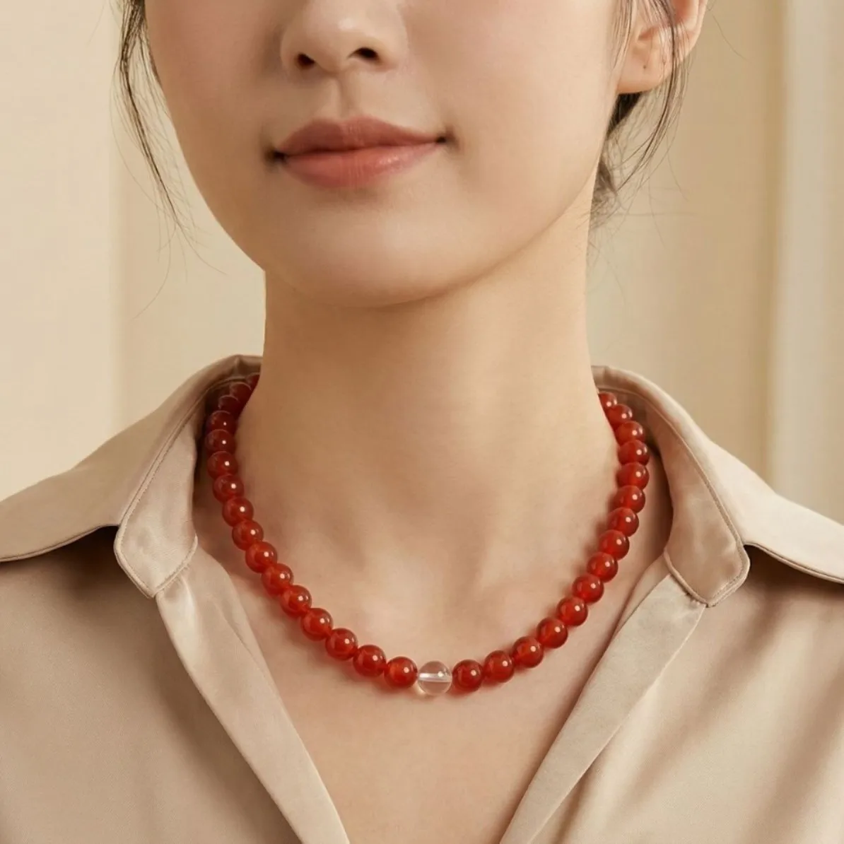 French niche romantic literary and retro agate white crystal beaded magnetic suction buckle light luxury high-end necklace femal