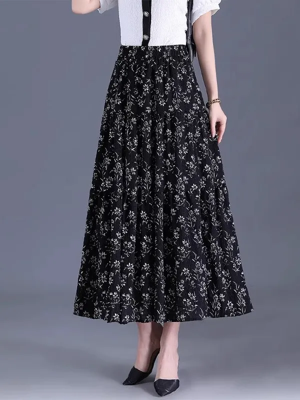 

Floral Print High Waist A-Line Midi Skirt Women's Summer New Sle n Umbrella Skirt Generous Fit Commute Simple Sle