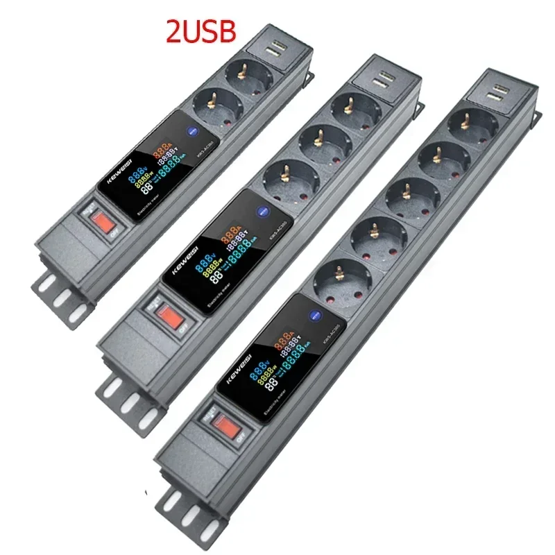 PDU Power Distribution Unit 2USB Ports 2-8 EU Socket with Digital voltage measuring instrument Switch For Network Cabinet Rack
