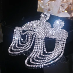 Luxury Shiny Crystal Rhinestone Long Tassel Earrings for Women Oversize Geometric Round Dangle Earrings Wedding Jewelry Gifts