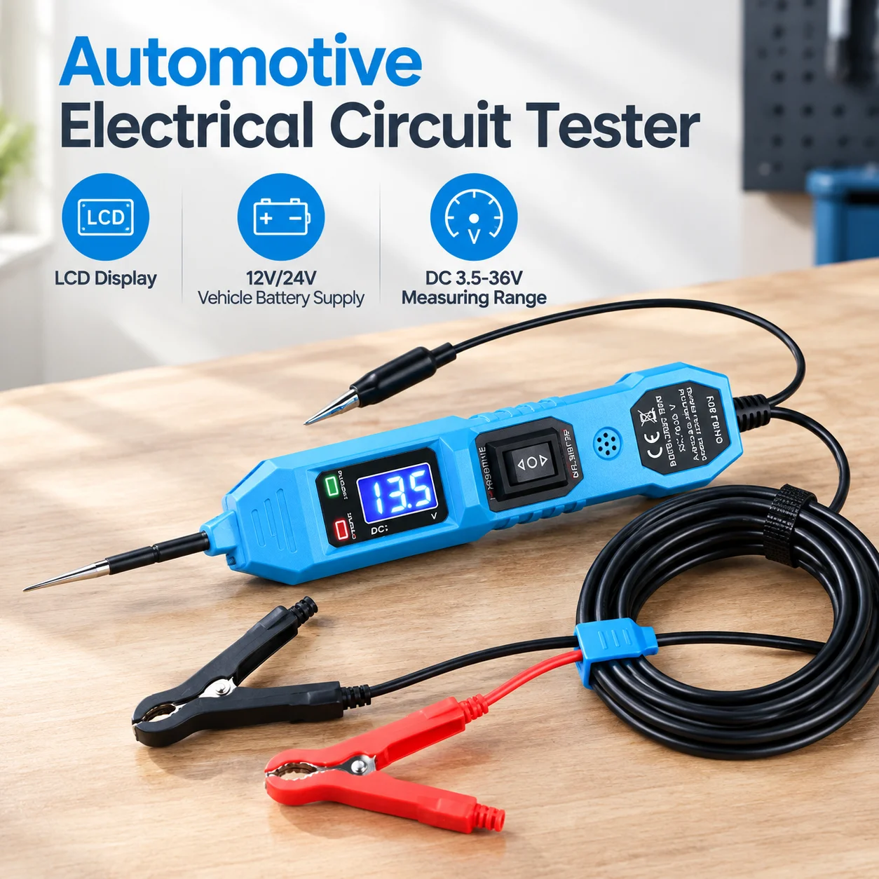 Automotive Electrical Circuit Tester, LCD Display, 12V/24V Vehicle Battery Supply, DC 3.5-36V Measuring Range, 4.5m Lead, 8A Overload Protection, for Car, SUV and Motorcycle Electrical Diagnostics, Blue ABS, 26 x 4 x 2.8cm