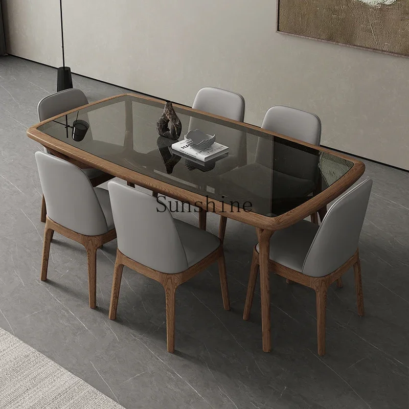 

Tempered glass dining table household modern simple rectangular solid wood dining table and chair combination