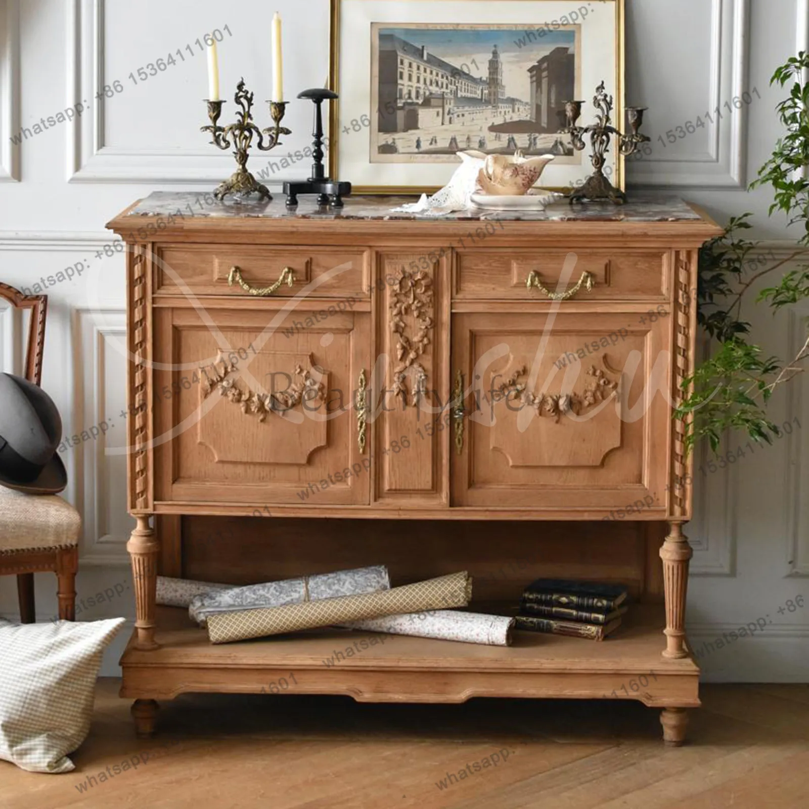 

French retro solid wood decorative cabinet small apartment living room carved entrance cabinet