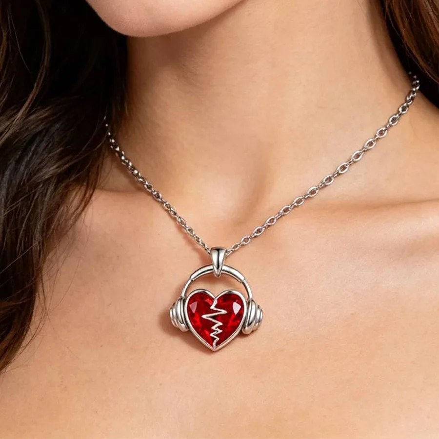 Couple Heart Headphone Pendant Necklace For Women Men Rhinestone Heart Beat Clavicle Chain Valentine Music Lover Jewelry Gift