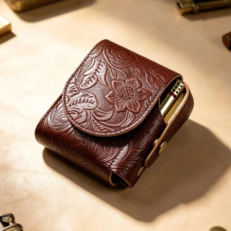 Men'S High End Genuine Leather Cigarette Cap The Top Layer Cowhide 2-In-1 Lighter Cigarette Storage Bag