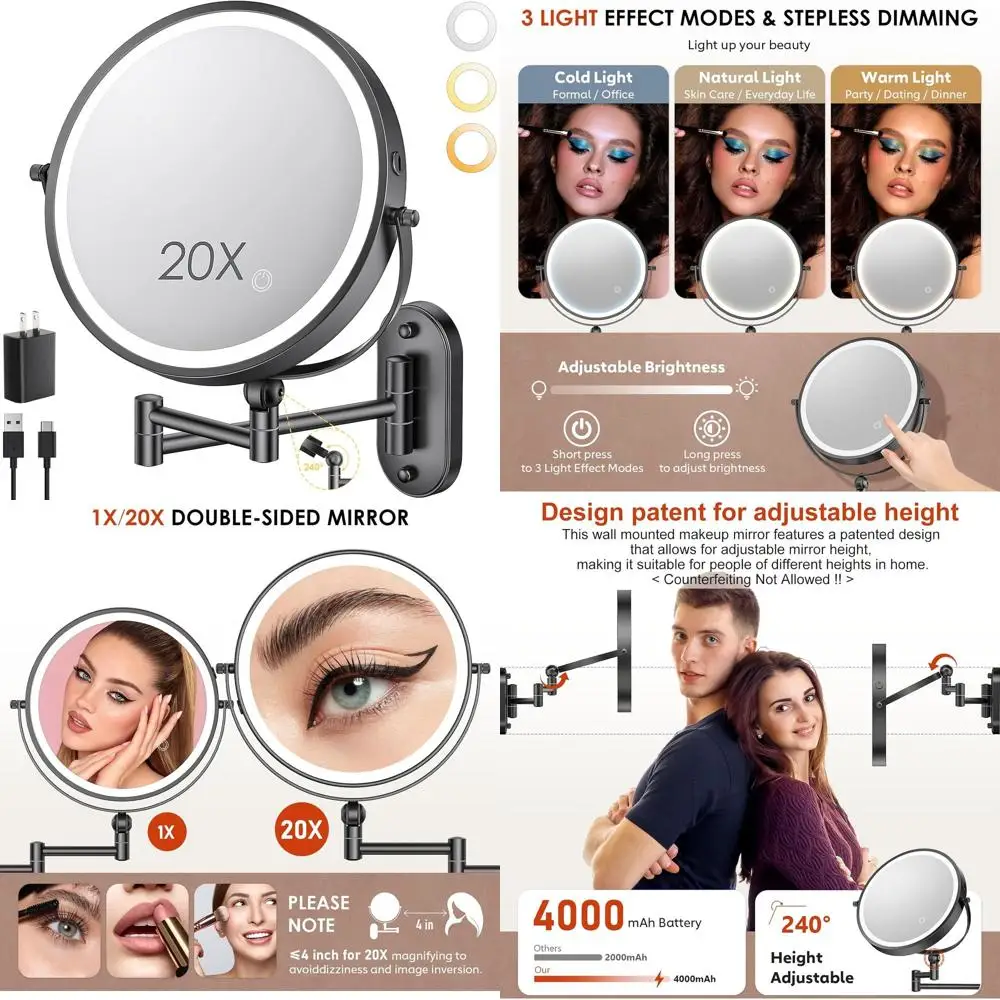 9 مرآة مكياج مثبتة على الحائط مضيئة LED، قابلة لإعادة الشحن بقدرة 4000 مللي أمبير في الساعة، تكبير مزدوج الجوانب 1X/20X، تعتيم باللمس، 360 درجة ° روتاتاب #1