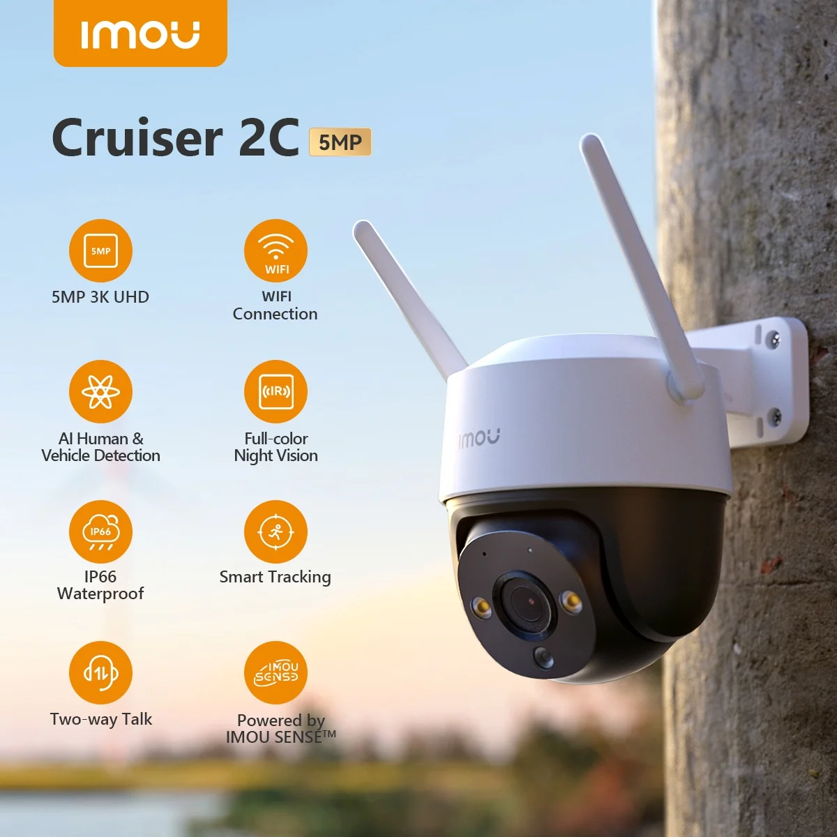 IMOU Cruiser 2C 3/5MP 3K 360o Wifi 3,6 mm Buitenbeveiliging AI Menselijke voertuigdetectie Slim nachtzicht Tweerichtingsgesprek