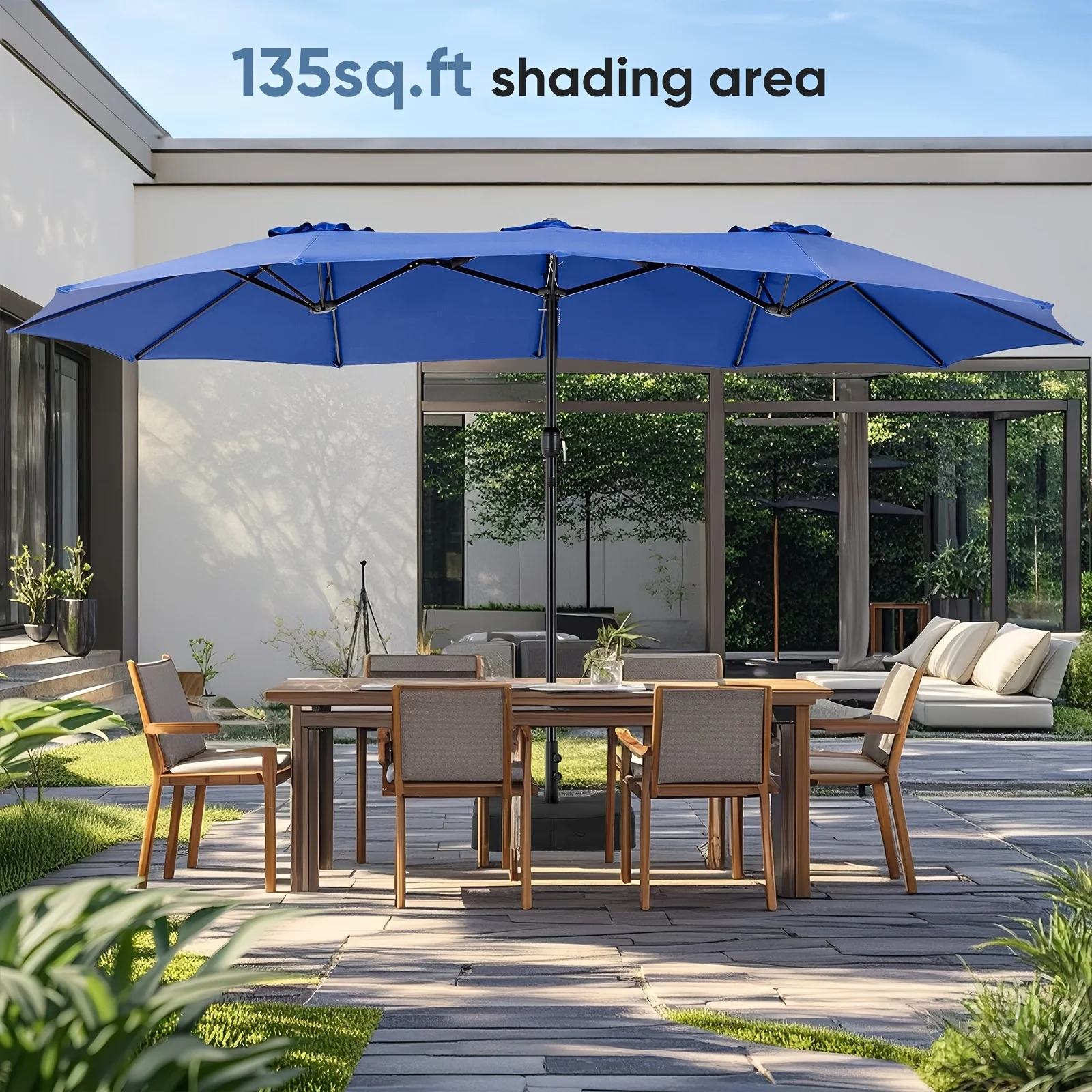

15ft Triple Head Outdoor Patio Umbrella, 2 Rib Construction, Sun-Resistant Cover, 135 Square Feet Of Shade, Includes Weightedg