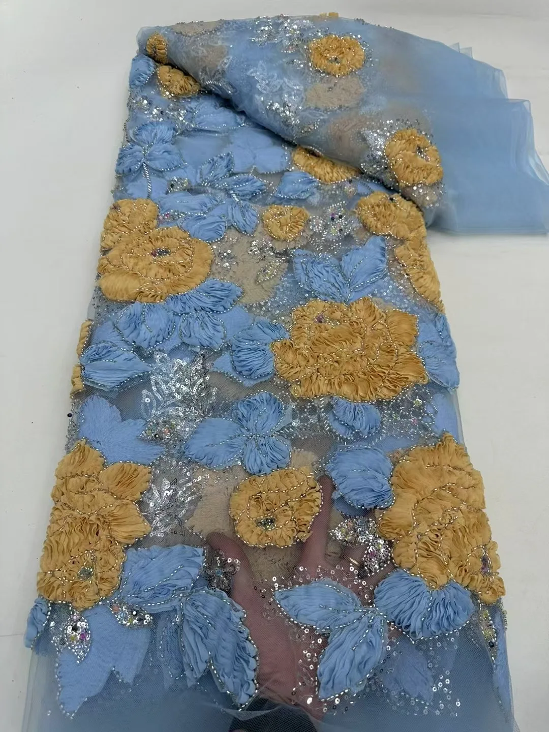 African Lace Fabric Embroidered Sequined Nigerian Lace Fabrics 3D Flowers High Quality French Tulle Lace Fabric for Dress