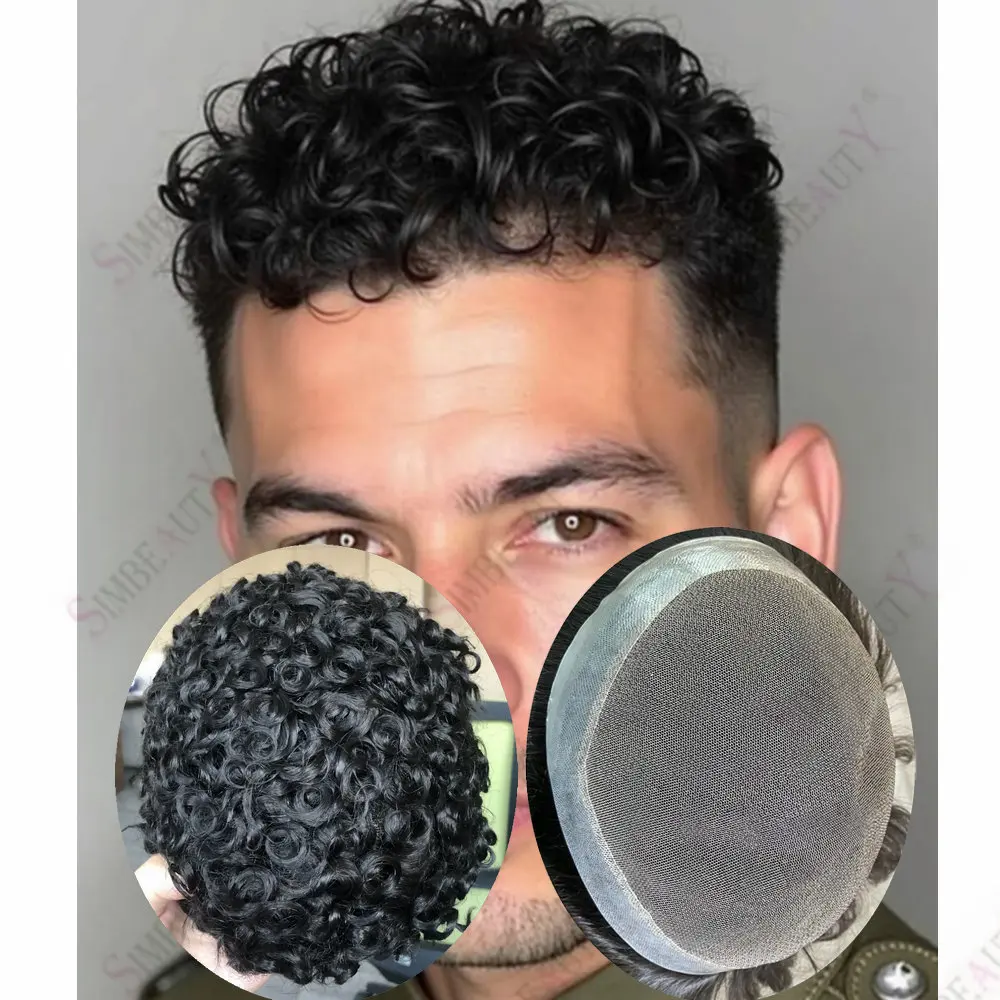 

18mm 15mm Afro Black Man Curly Toupee Australia Durable Lace PU Base Male Hair Prosthesis Natural Human Hair Replacement System