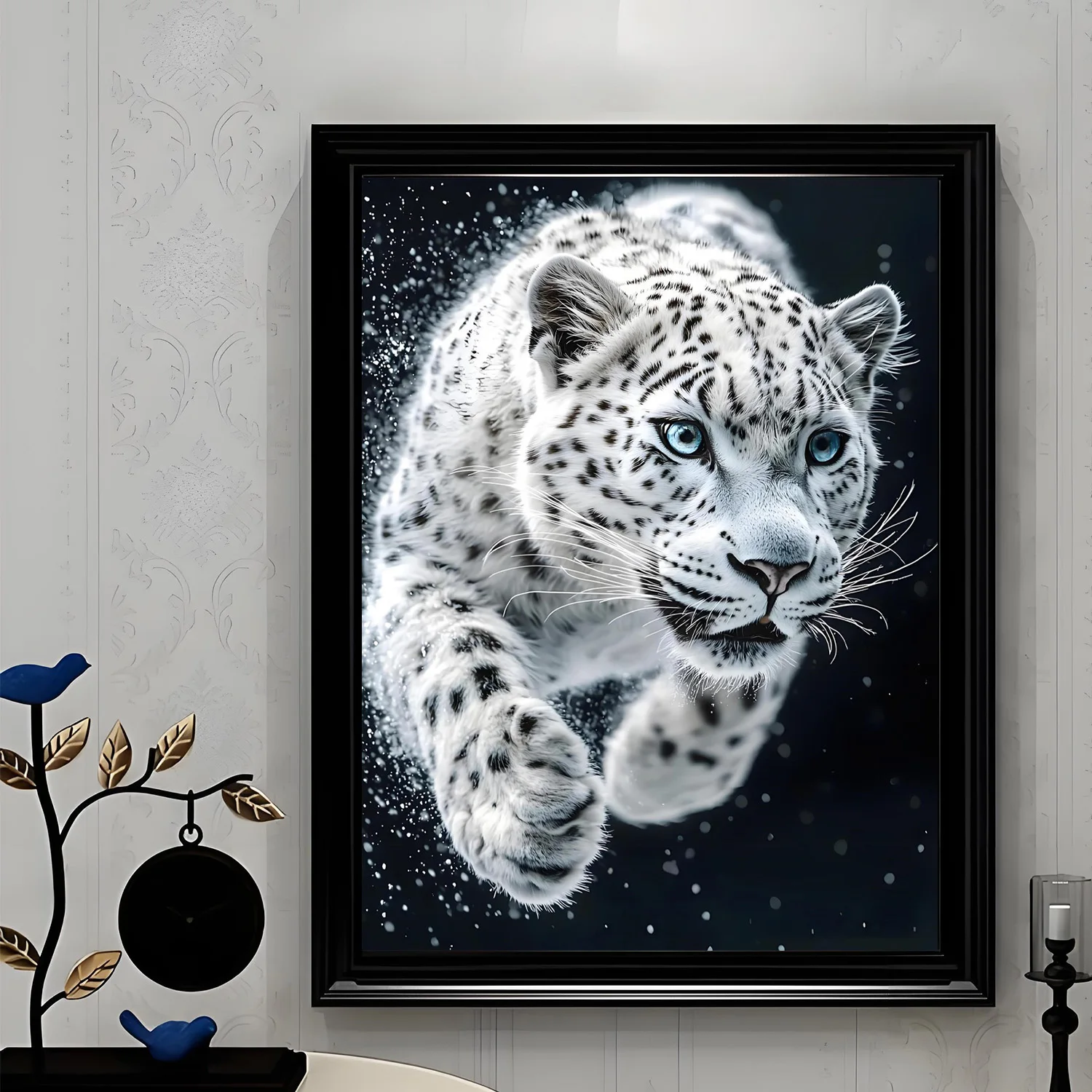 DIY diamond painting kit with snow leopard pattern pouncing on prey, less full diamond art, multiple sizes to choose from,framel