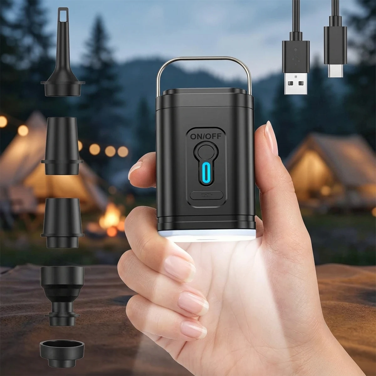 Portable Electric Air Pump with Lighting and 5 Nozzles USB Rechargeable Automatic Inflate/Deflate for Inflatable Mattresses
