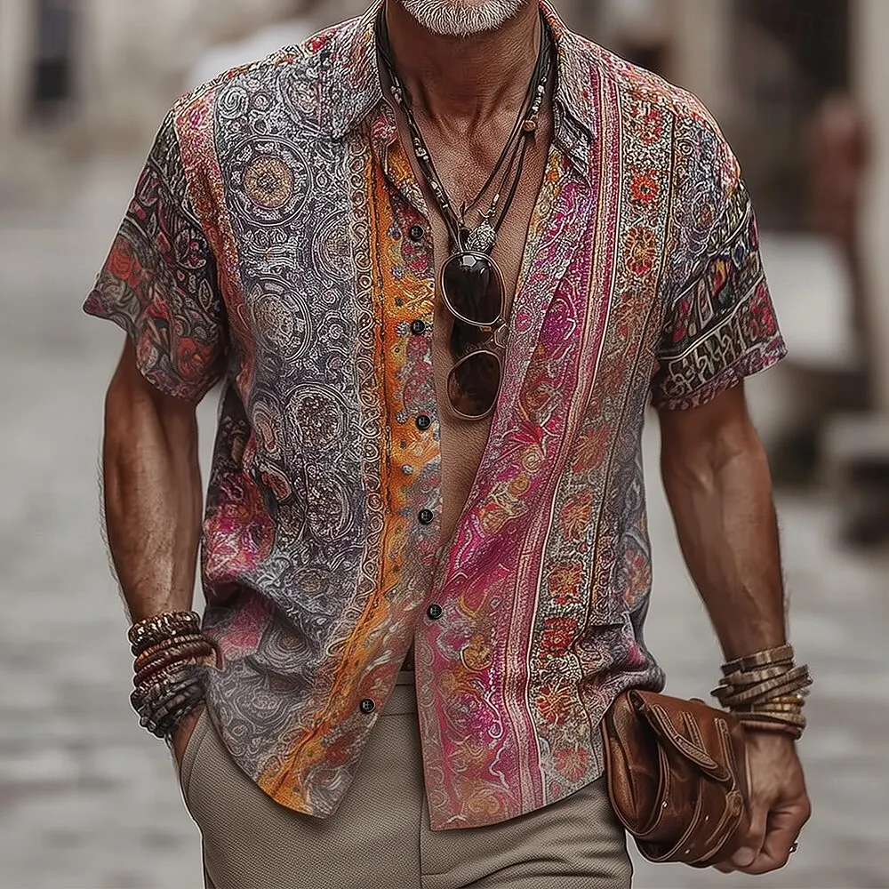 

Men's Turndown Short Sleeve Boho Ethnic Floral 3D Print Shirt, Vintage Streetwear for Vacation Pink Purple Beige Spring Summer