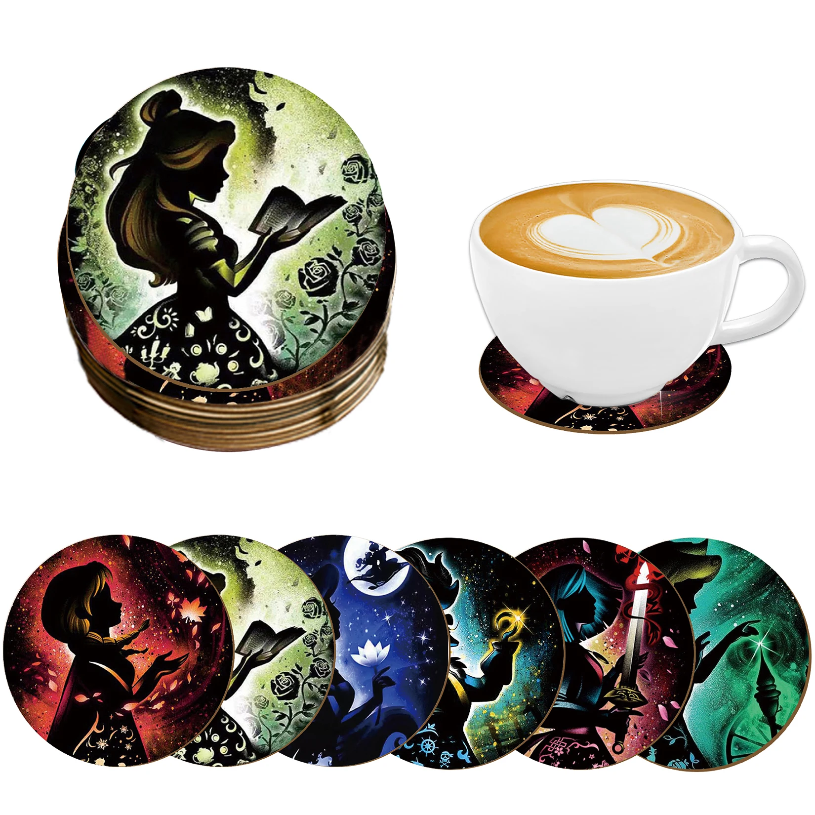 

A 6-piece set of wooden round coasters featuring anime characters is perfect for Valentine's Day and Christmas gifts