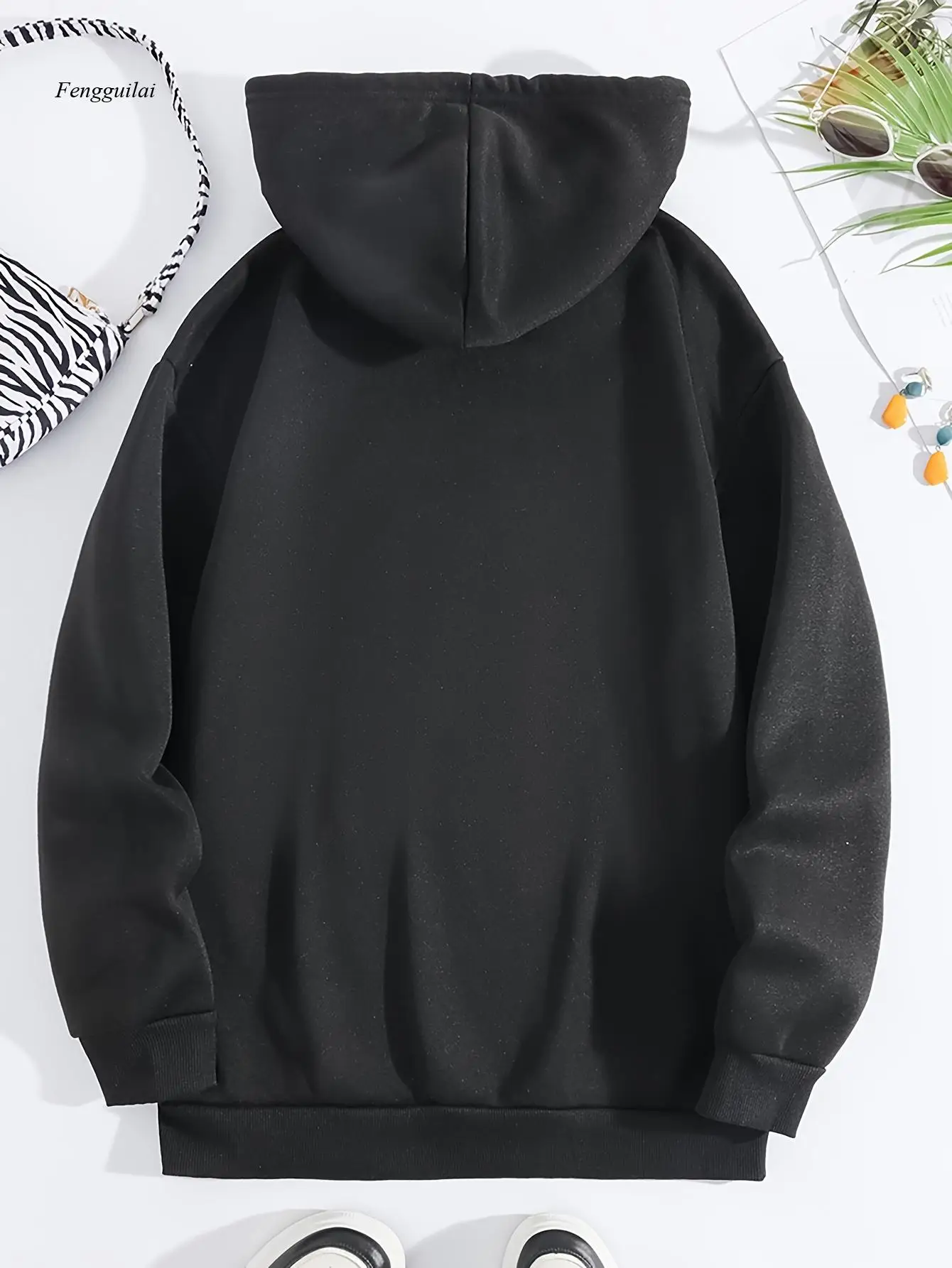 เสื้อสเวตเชิ้ตมีฮู้ดพิมพ์ลายกราฟิก กระเป๋าจิงโจ้ แขนยาวทรงหลวมแบบมีเชือกผูก