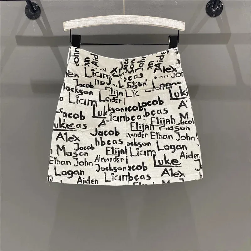 One Step Skirt Fashion High Waist Cowboy Skirt Women Summer Wild Thin Printing A Word Short Skirt Letter Printing Hip Wrap Skirt