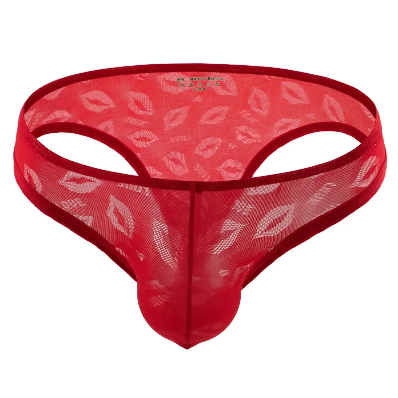 Men Underwear Sexy Lip Jacquard Bikini Panties Ice Silk Thong Enhance T-Back See Through Lingerie Underpants Sissy Pouch Briefs