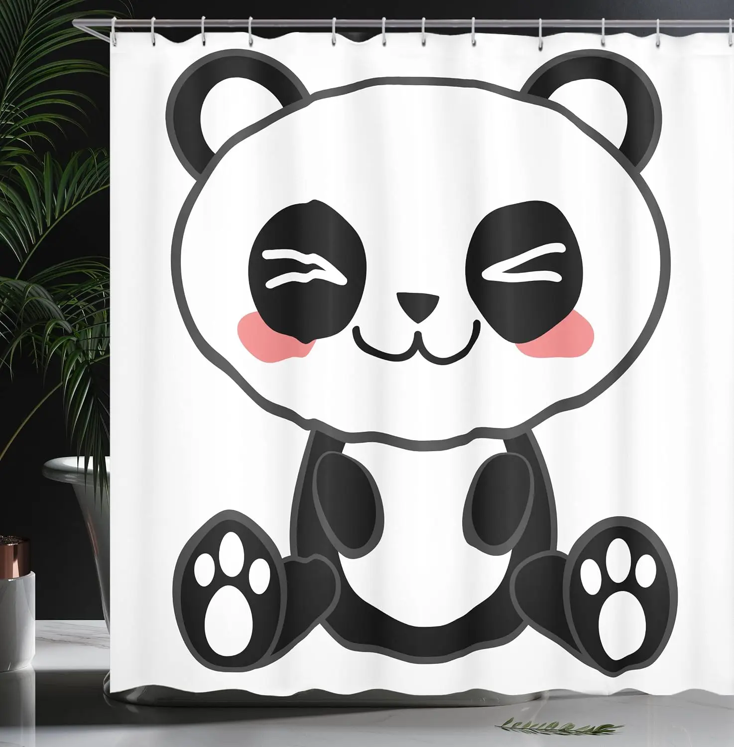 Cute Cartoon Panda Face Shower Curtain, Kawaii Black & White Animal Print, Kids Bathroom Decor, Waterproof Polyester