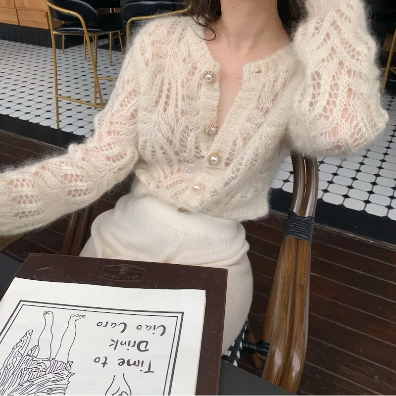 2023 Ropa Mujer Summer White Cardigan for Women Knitting Mohair Thin Hollow Out Sweater Fashion Korean See Throught Pull Femme