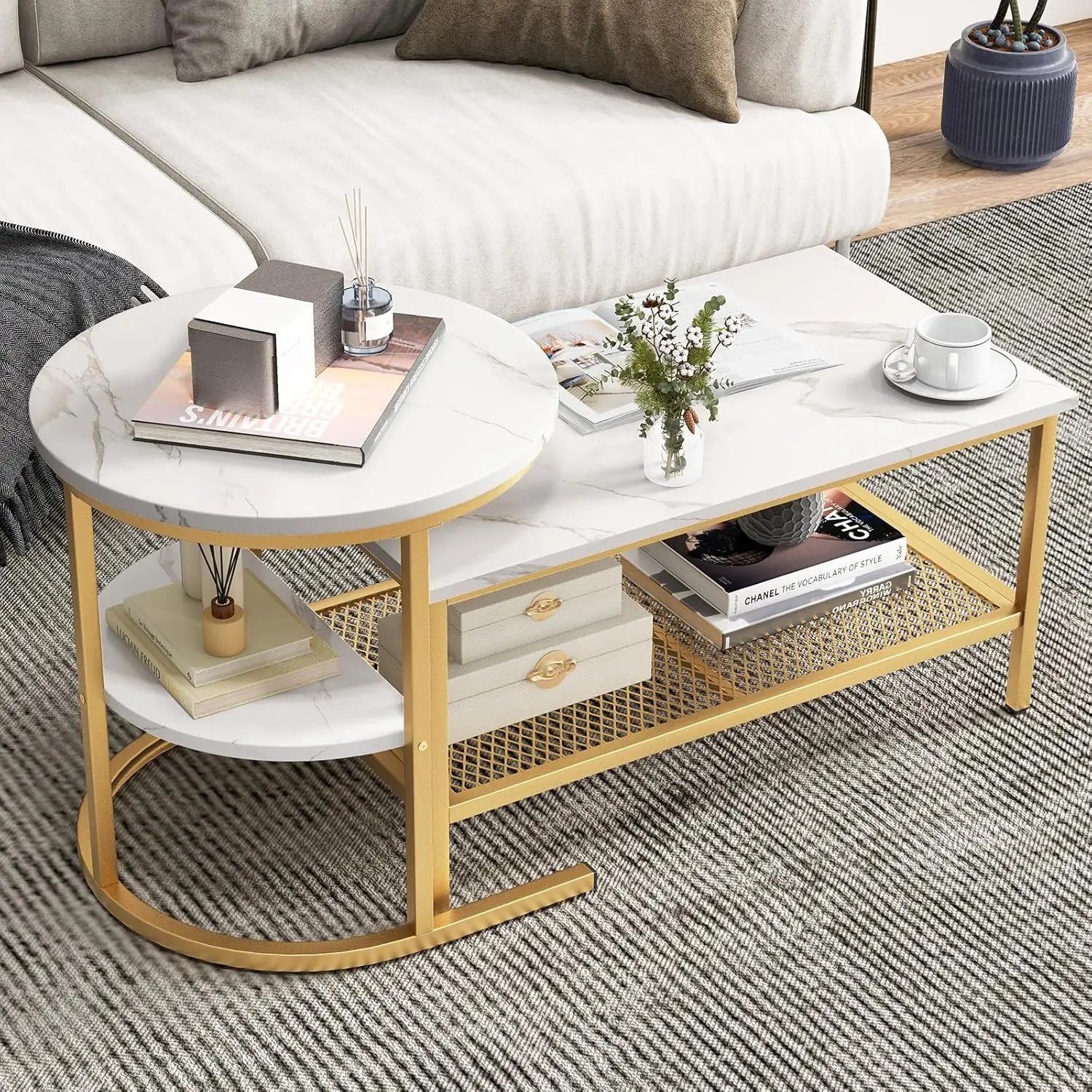 Kotek Nesting Coffee Table Set Of 2, Detachable Rectangular Coffee Table & Small Round End Table Set, Faux Marble Pattern &