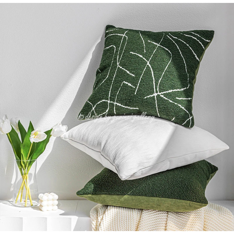 GUVINCI Retro Forest Green Cushion Cover Modern Simple Geometric Lines Embroidery Long Waist Lumbar Pillowcase Nordic Home Decor