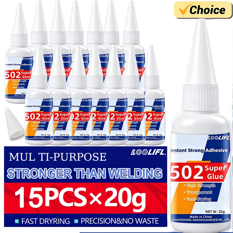 Loolifl 1‑15 Bottles of 20g 502 Strong Glue, Stronger Than Welding, Cyanoacrylate Instant Adhesive, Fast-Drying High-Strength Liquid Glue, Can Bond Metal, Wood, Rubber, Leather, Ceramics, Shoes, for DIY Crafts and Home Repairs