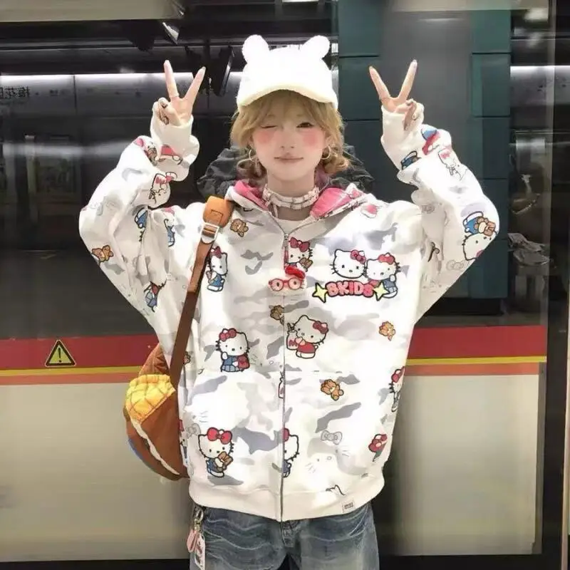الكرتون مرحبا كيتي سستة مقنعين هوديي الخريف/الشتاء Kawaii أنيمي Y2K زوجين سترة سترة عسكرية فضفاض البلوز القماش #3
