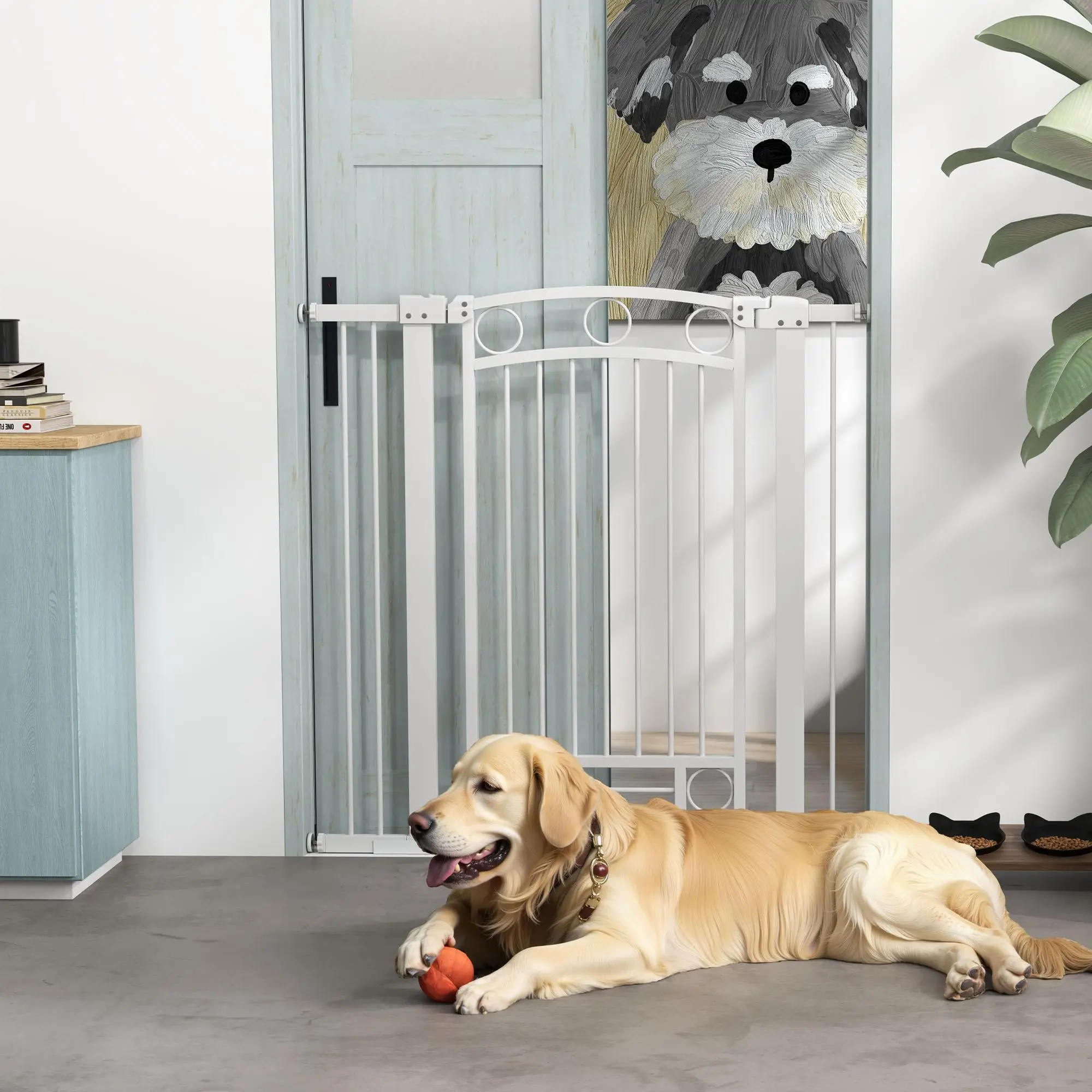 Barrière pour chiens 76-104 cm de largeur, 105 cm de hauteur avec 2 extensions, double fermoir, blanche, pour escaliers et couloirs