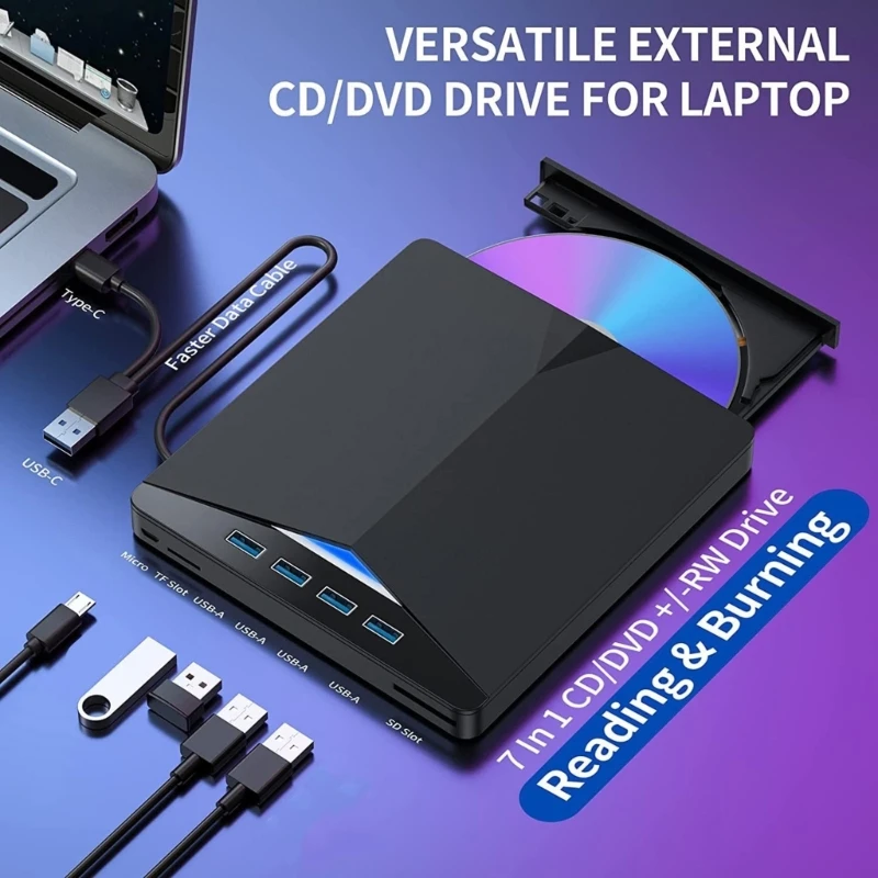 7 Port External DVD USB Type C ROM Burners Rewriter with USB Ports Portable DVD Player External DVD