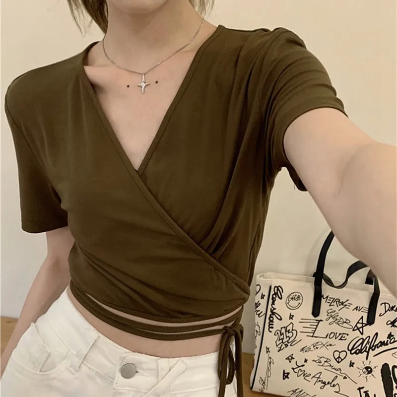 V-neck Women's T-shirts Sexy Vintage Crop Tops Kpop Y2k Gothic Harajuku Summer Cheap Clothes Woman Streetwear Tees Tshirt