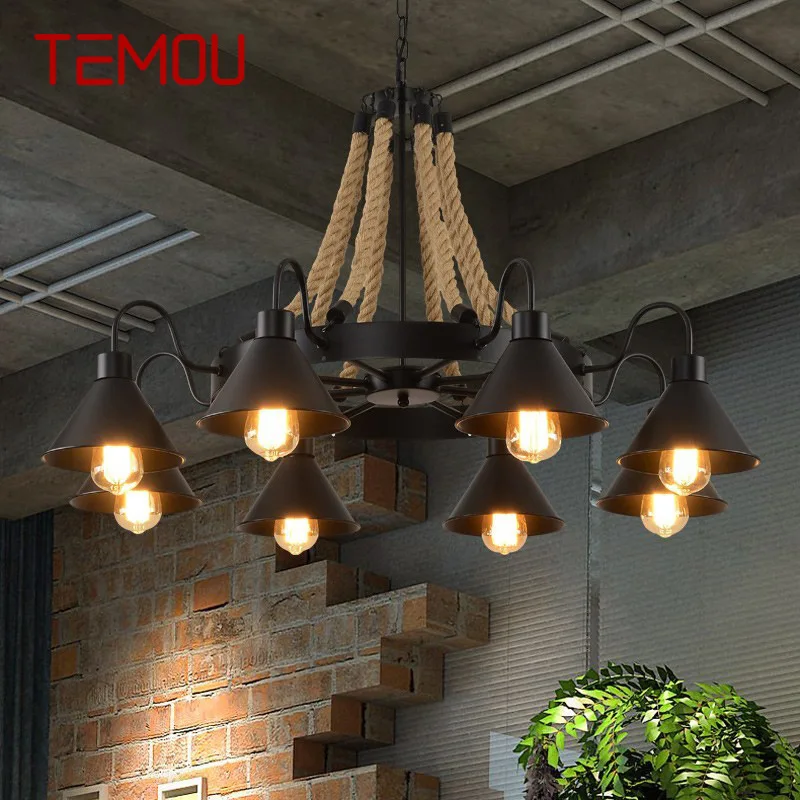 

TEMOU American Style Pendant Nostalgic Loft Industrial Style Internet Cafe Restaurant Hot Pot Shop Retrohemp Rope Chandelier