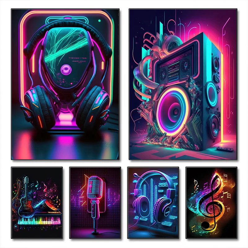 Pop 80S Live Music Neon Punk Poster Aesthetics Dj Guitar Karaoke Headphones Canvas Painting Wall Art Home Room Decor No Lights