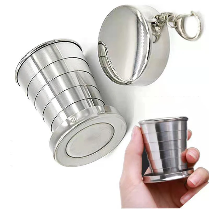 Gelas lipat Kemah, peralatan makan Cup lipat Stainless Steel 75/150/250ml 1 buah cangkir dapat ditarik